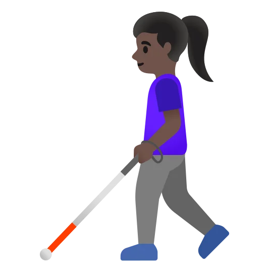 The woman with white cane: dark skin tone emoji.