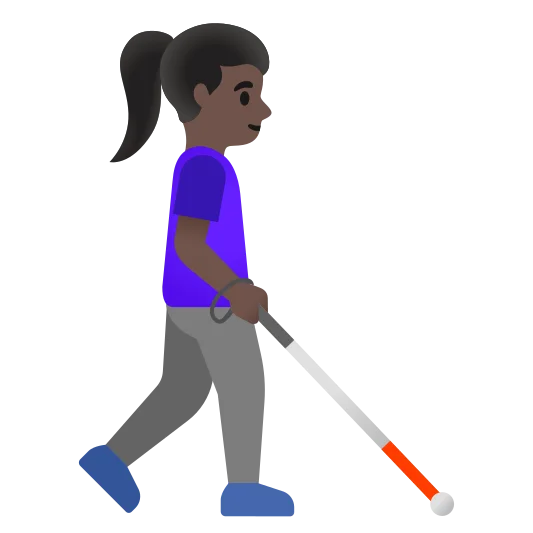 The woman with white cane facing right: dark skin tone emoji.