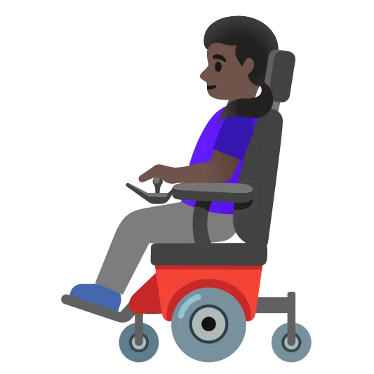 The woman in motorized wheelchair: dark skin tone emoji.