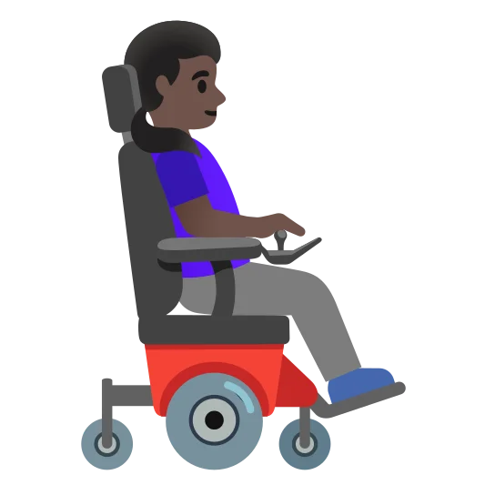 The woman in motorized wheelchair facing right: dark skin tone emoji.