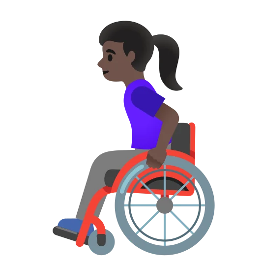 The woman in manual wheelchair: dark skin tone emoji.
