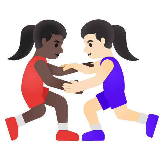 The women wrestling: dark skin tone, light skin tone emoji.