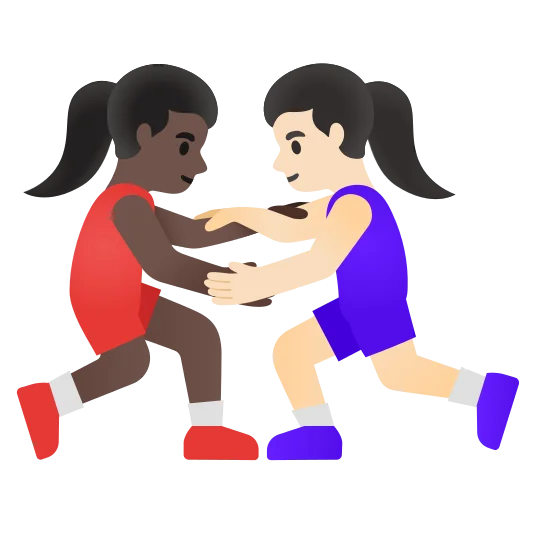 The women wrestling: dark skin tone, light skin tone emoji.