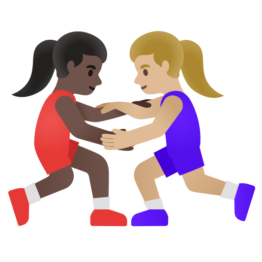 The women wrestling: dark skin tone, medium-light skin tone emoji.