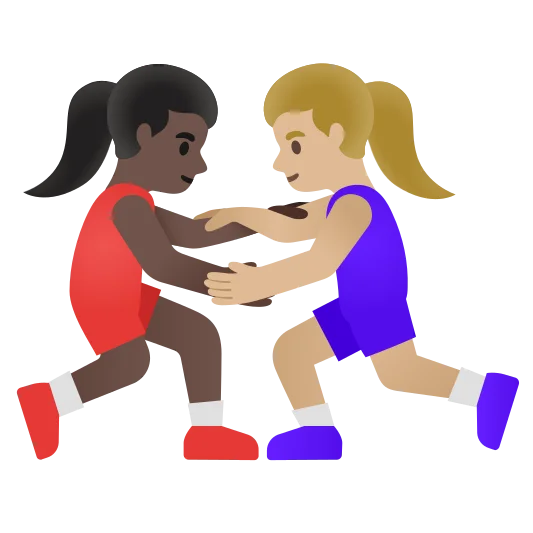 The women wrestling: dark skin tone, medium-light skin tone emoji.