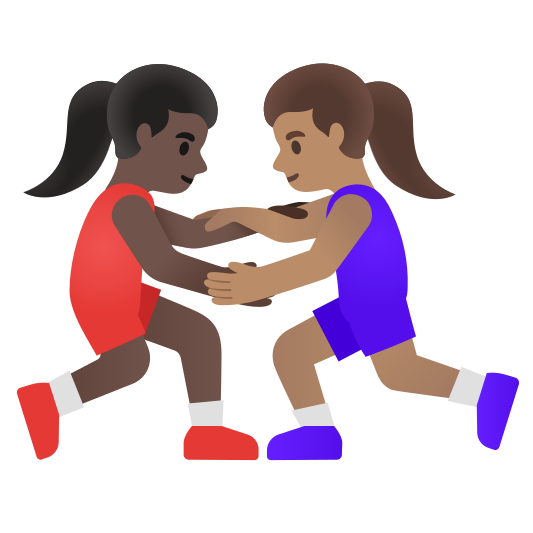 The women wrestling: dark skin tone, medium skin tone emoji.