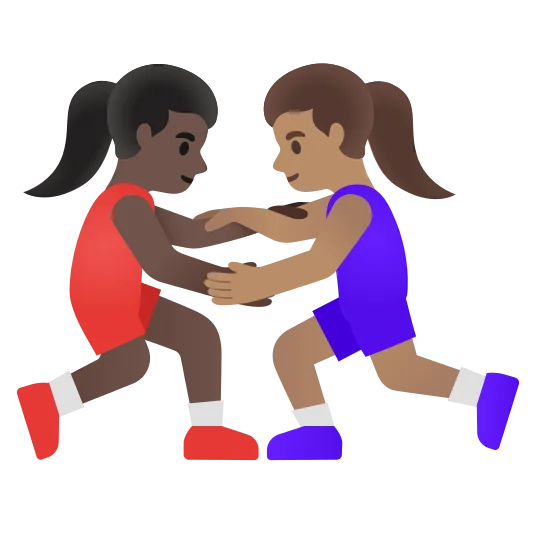 The women wrestling: dark skin tone, medium skin tone emoji.