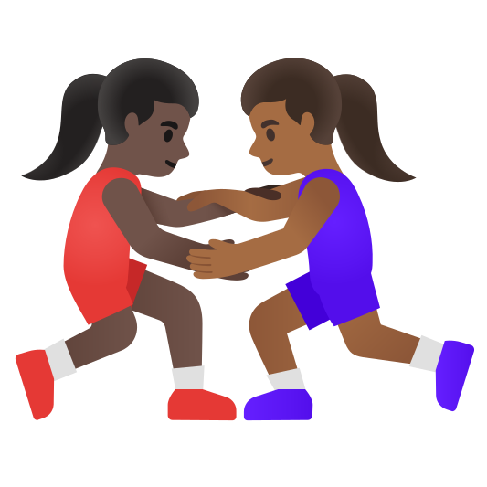 The women wrestling: dark skin tone, medium-dark skin tone emoji.