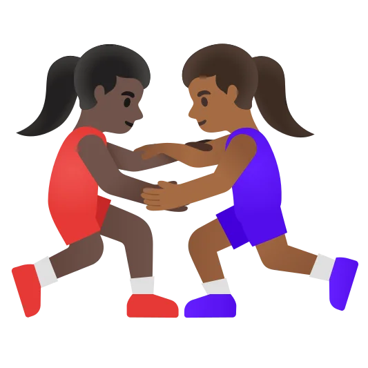 The women wrestling: dark skin tone, medium-dark skin tone emoji.