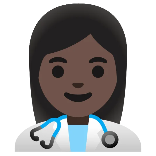 The woman health worker: dark skin tone emoji.