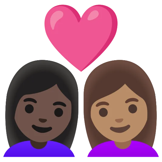 The couple with heart: woman, woman: dark skin tone, medium skin tone emoji.