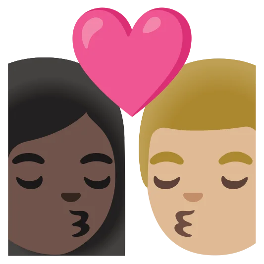 The kiss: woman, man: dark skin tone, medium-light skin tone emoji.