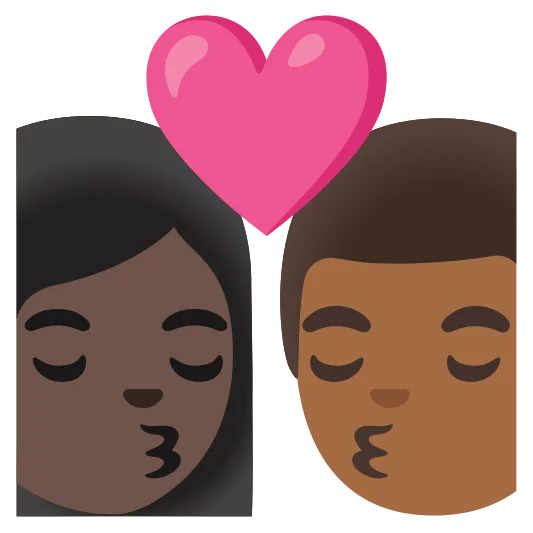 The kiss: woman, man: dark skin tone, medium-dark skin tone emoji.