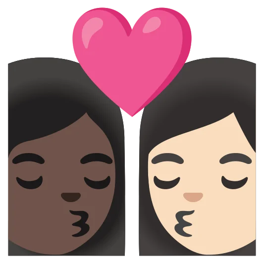 The kiss: woman, woman: dark skin tone, light skin tone emoji.
