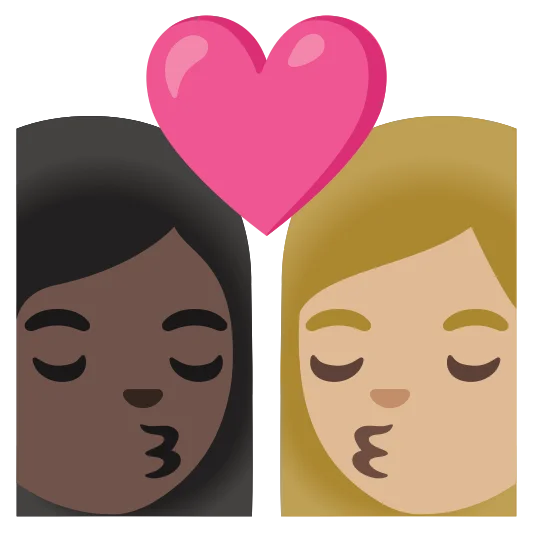 The kiss: woman, woman: dark skin tone, medium-light skin tone emoji.