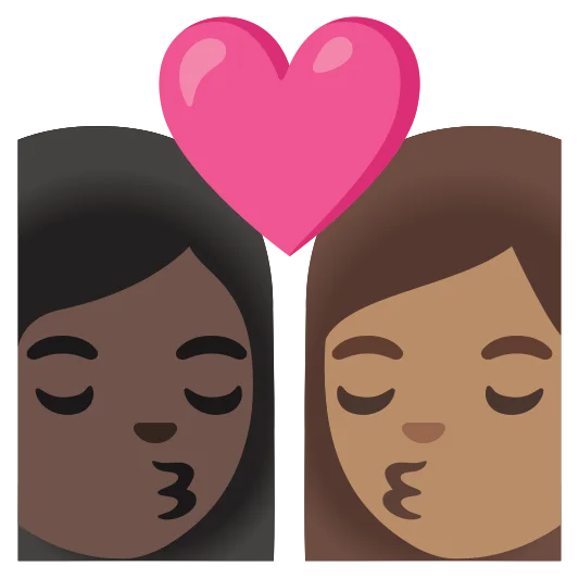 The kiss: woman, woman: dark skin tone, medium skin tone emoji.