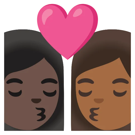 The kiss: woman, woman: dark skin tone, medium-dark skin tone emoji.