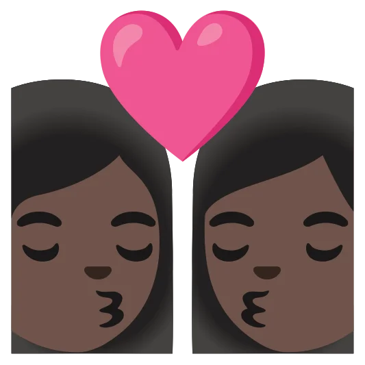 The kiss: woman, woman: dark skin tone, dark skin tone emoji.