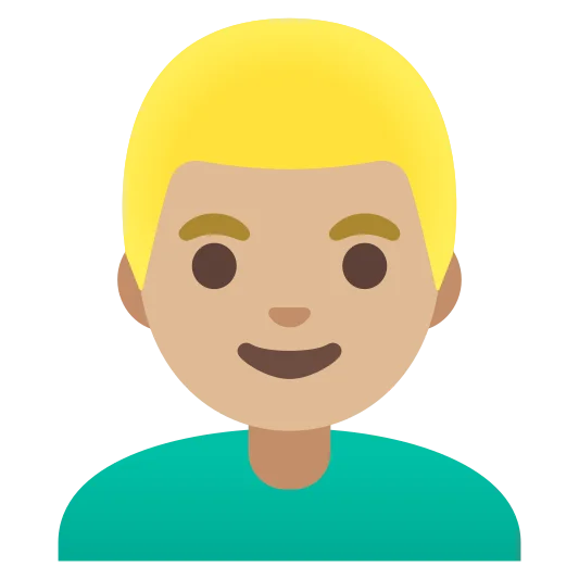 The man: blond hair: medium-light skin tone emoji.