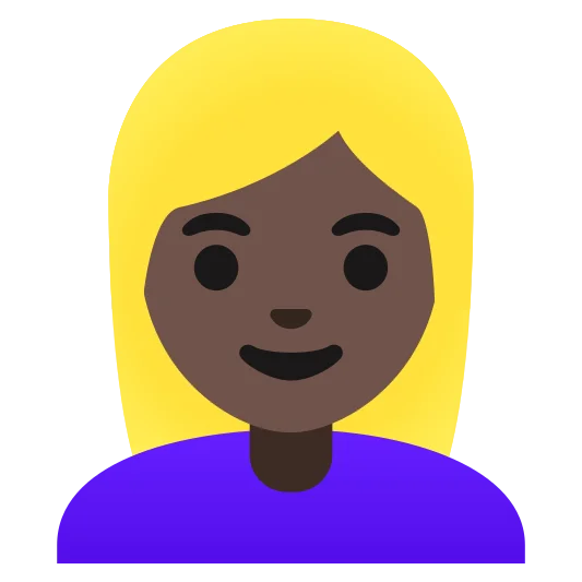 The woman: blond hair: dark skin tone emoji.