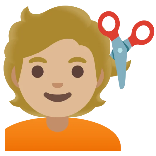 The person getting haircut: medium-light skin tone emoji.