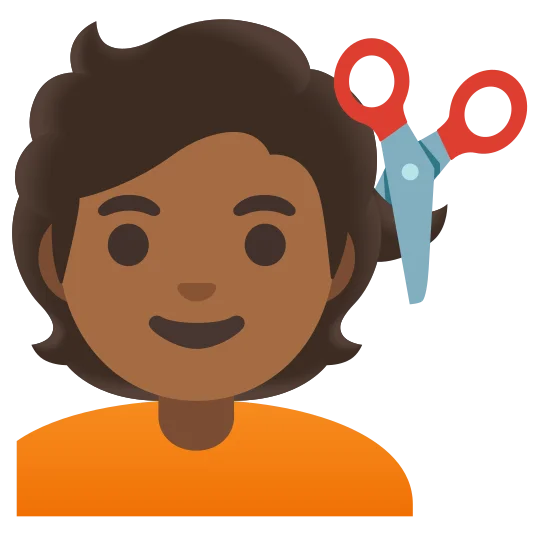 The person getting haircut: medium-dark skin tone emoji.