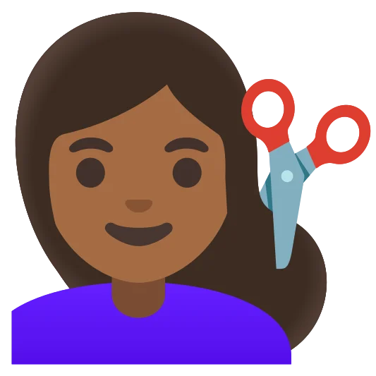 The woman getting haircut: medium-dark skin tone emoji.