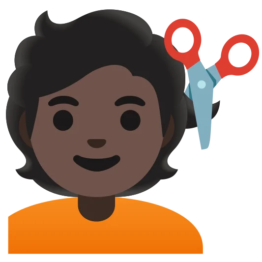The person getting haircut: dark skin tone emoji.