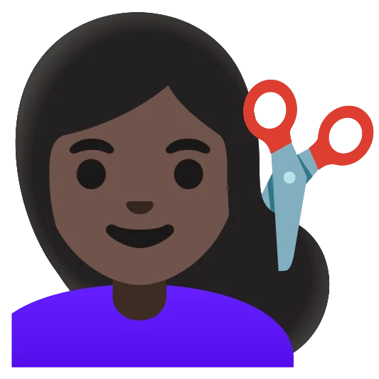 The woman getting haircut: dark skin tone emoji.