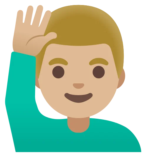 The man raising hand: medium-light skin tone emoji.