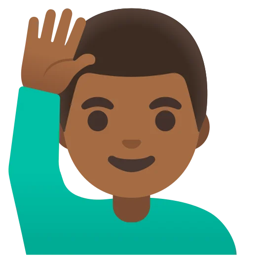The man raising hand: medium-dark skin tone emoji.