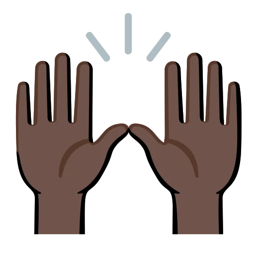The raising hands: dark skin tone emoji.