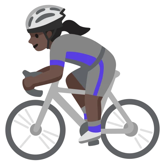 The woman biking: dark skin tone emoji.