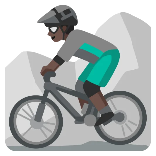 The man mountain biking: dark skin tone emoji.