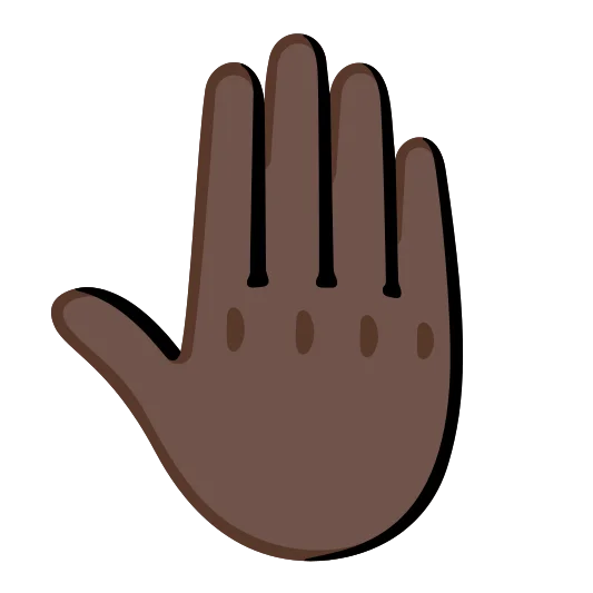 The raised back of hand: dark skin tone emoji.