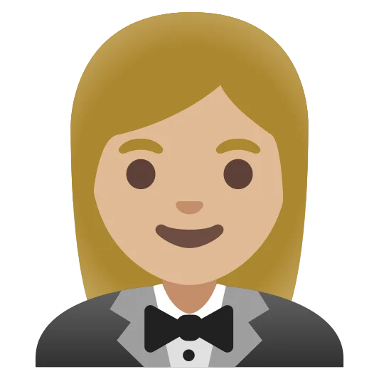 The woman in tuxedo: medium-light skin tone emoji.