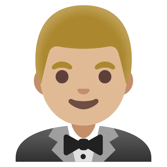 The man in tuxedo: medium-light skin tone emoji.