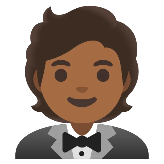 The person in tuxedo: medium-dark skin tone emoji.