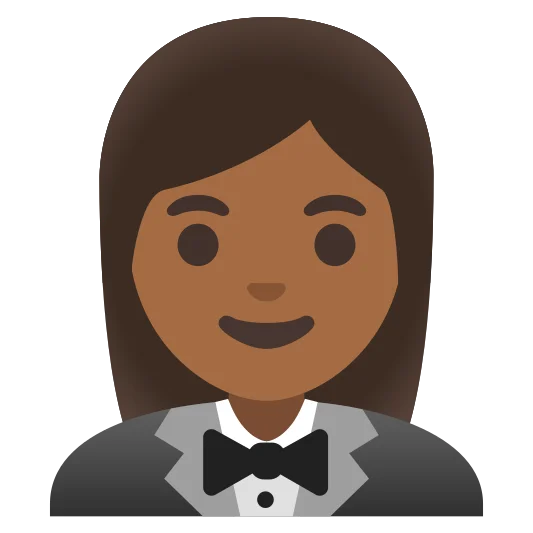 The woman in tuxedo: medium-dark skin tone emoji.