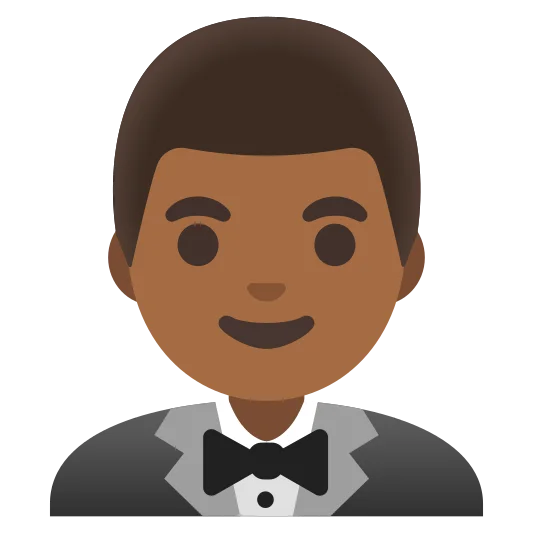 The man in tuxedo: medium-dark skin tone emoji.