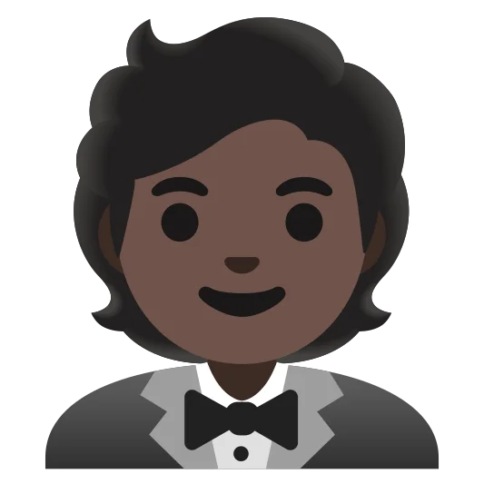 The person in tuxedo: dark skin tone emoji.