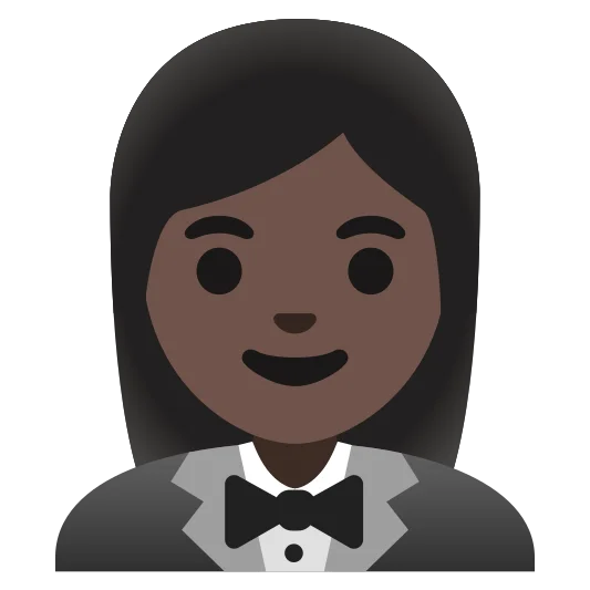 The woman in tuxedo: dark skin tone emoji.