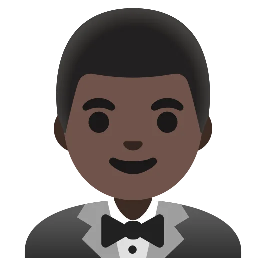 The man in tuxedo: dark skin tone emoji.