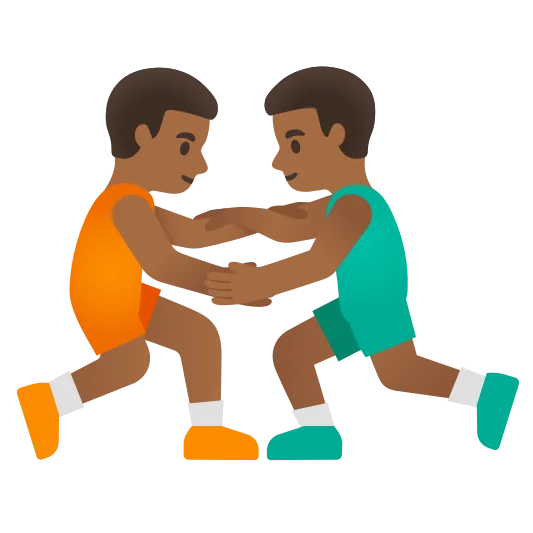 The men wrestling: medium-dark skin tone emoji.