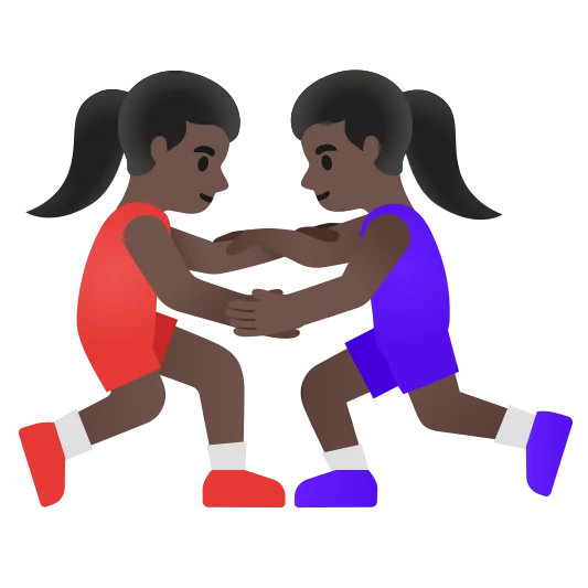The women wrestling: dark skin tone emoji.
