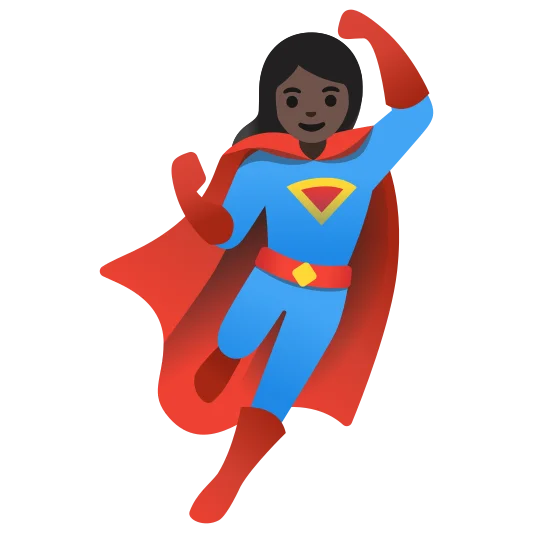 The woman superhero: dark skin tone emoji.