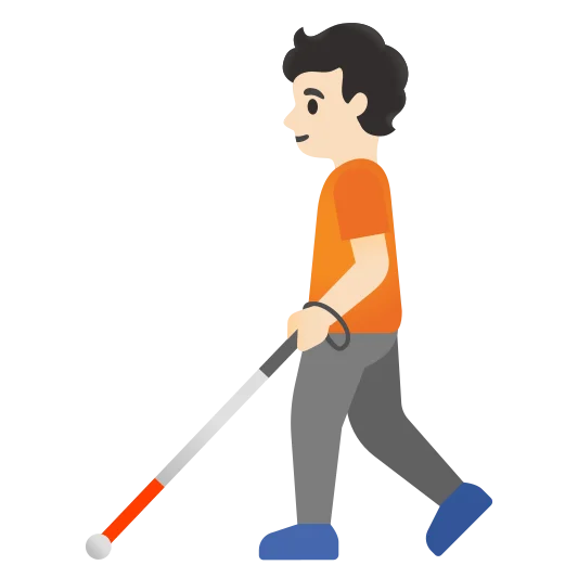 The person with white cane: light skin tone emoji.