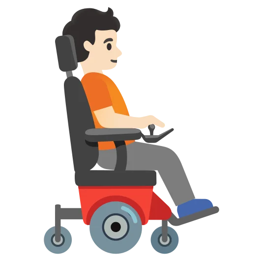 The person in motorized wheelchair facing right: light skin tone emoji.