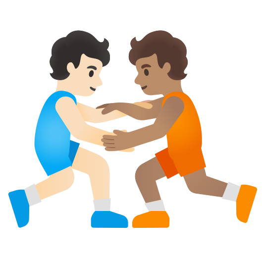 The people wrestling: light skin tone, medium skin tone emoji.