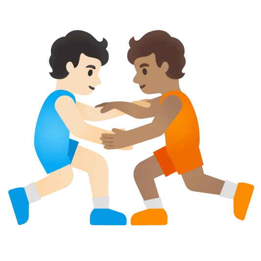The people wrestling: light skin tone, medium skin tone emoji.